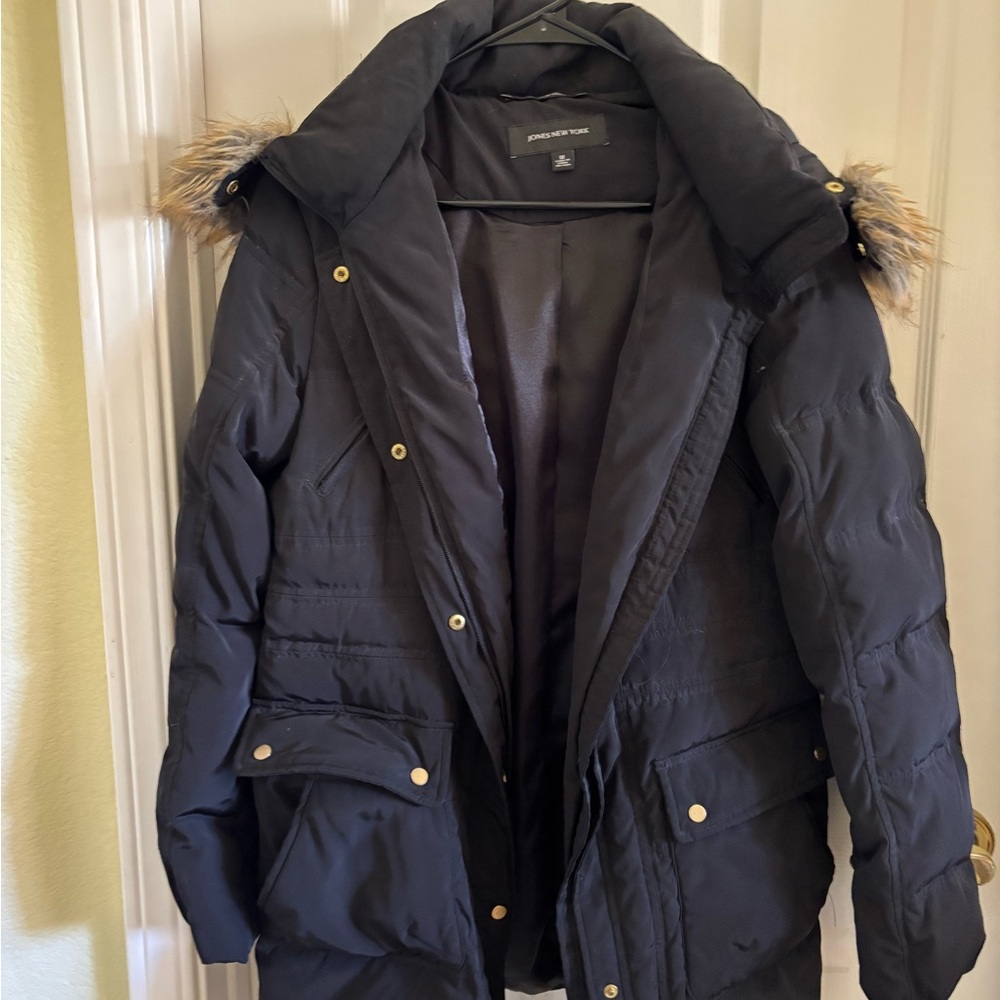 Jones New York Down Black Puffer Coat with Gold Buttons